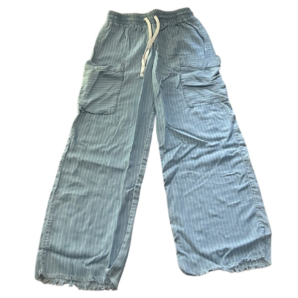 Indigo Rein Striped Chambray Wide Leg Beach Pants | Blue | Size XS